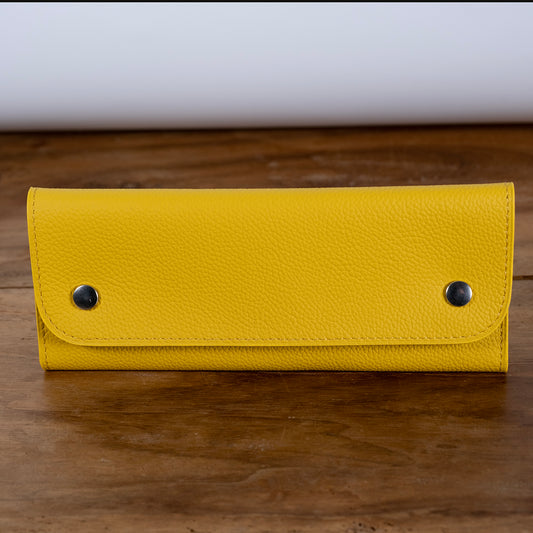 Yellow grained leather 2 watch pouch