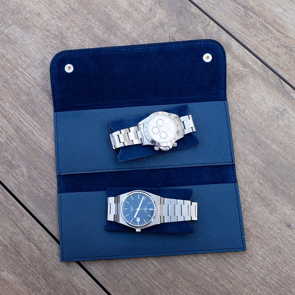 Pochette souple deux montres veau grainé bleu - Atelier romane